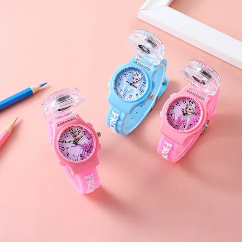 Disney Girls Kids Watches Children Watch Frozen Princess Aisha Student WomenBoys SpiderMan Flip Cover Gift Wristwatch Clock