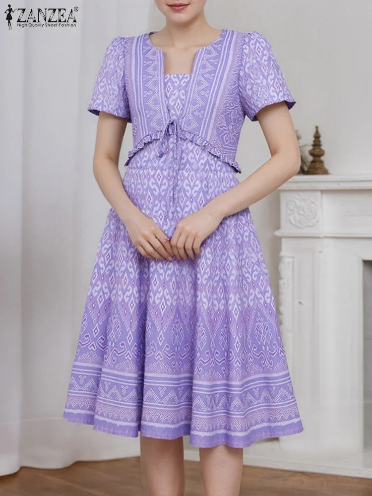 

ZANZEA 2025 Patchwork Dress Vintage Short Puff Sleeve Sundress Printed Summer Vestidos Bohemian Bow Lace-Up Casual Loose Robe