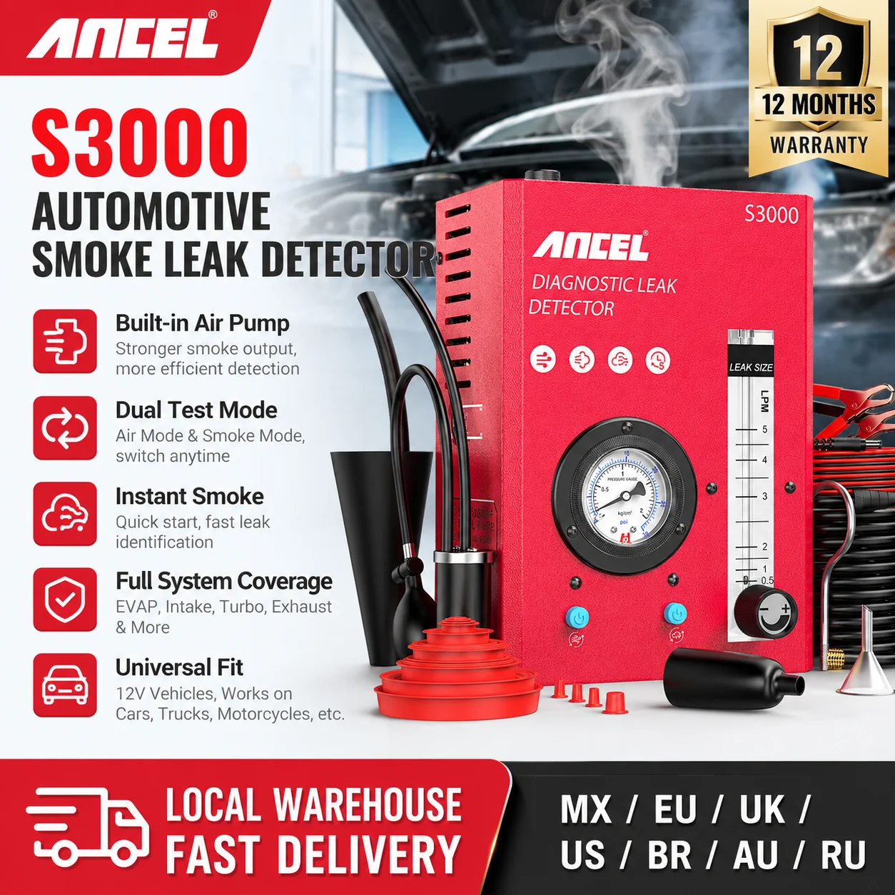 Детектор утечек дыма ANCEL S3000 для автомобилей, диагностический прибор для проверки топливопроводов, тестер вакуумного давления в авто