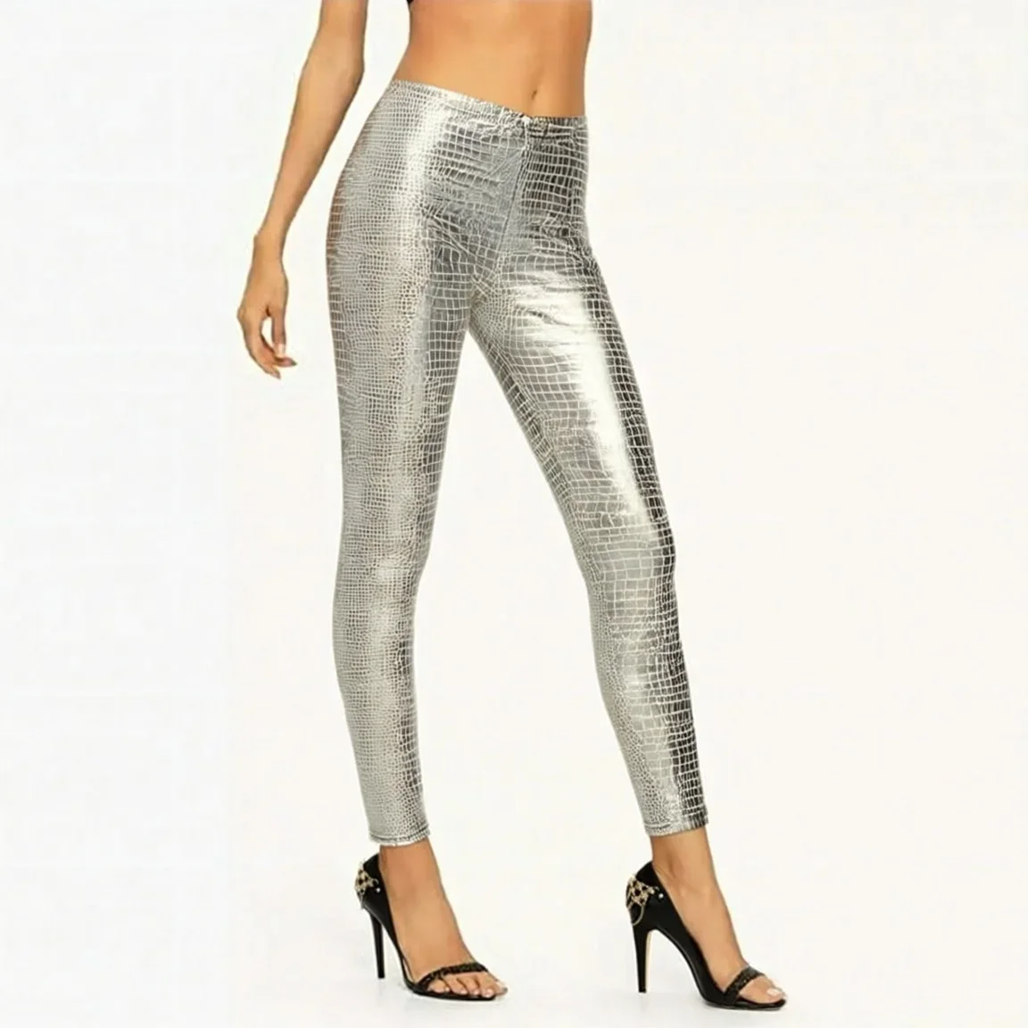 Silberne Leggings mit Schlangenhautmuster für Damen, metallisch glänzend, hochtailliert, schmale Hose, aus Kunstleder, dehnbar, für Clubwear und Partys. – Detail 3