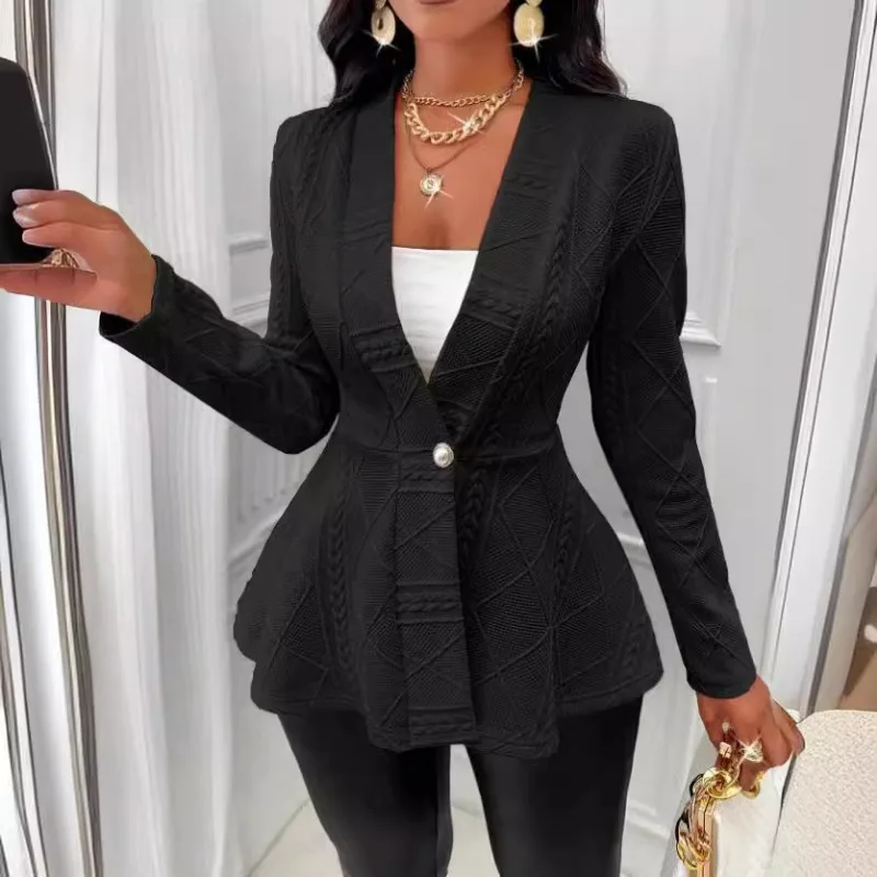 Fashion Elegant Deep V Neck Cardigan Women Suit Jacket Long Sleeve Autumn Office Lady Shirt Jacquard Casual Blazer Slim Fit Coat