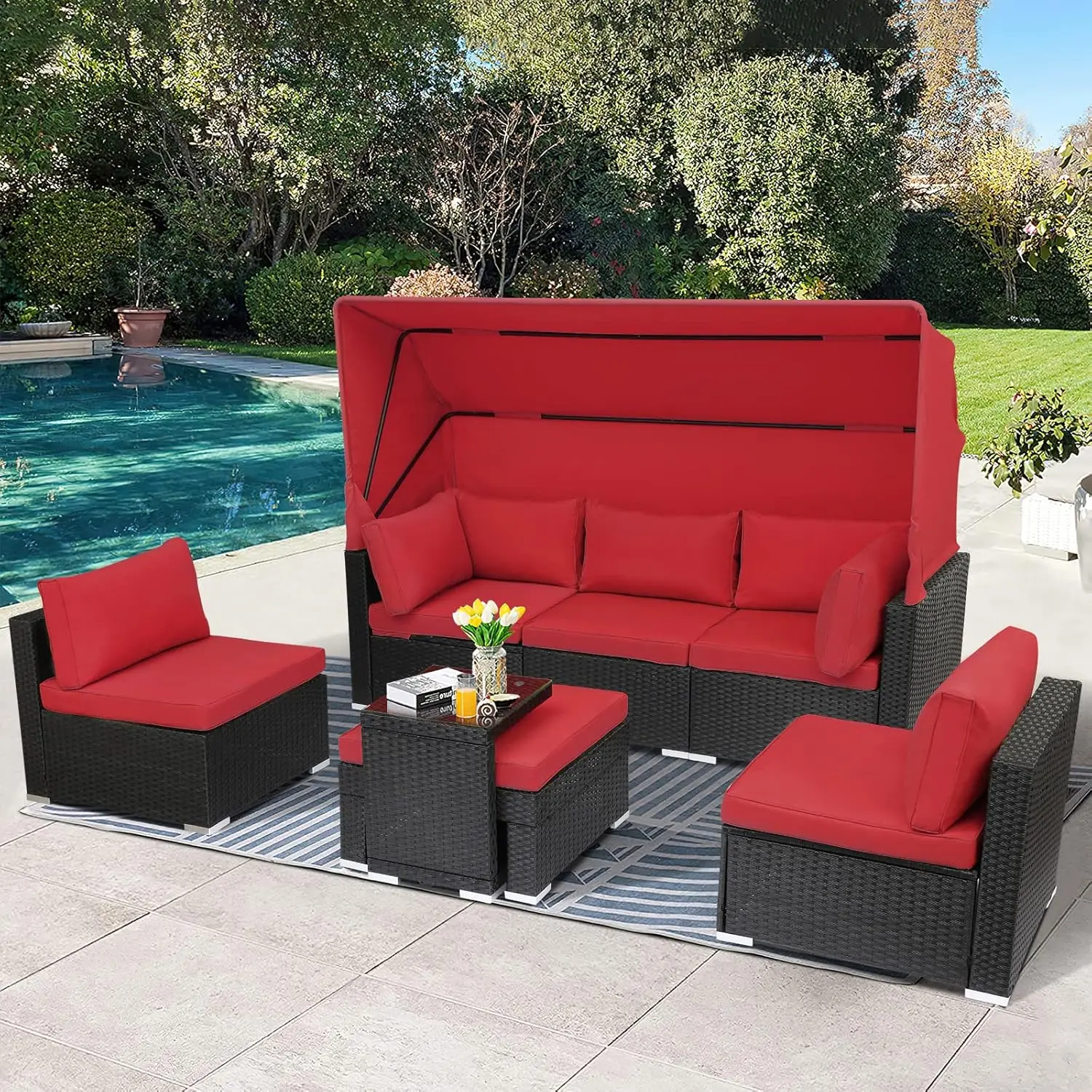 7 Pieces Patio Sets Daybed with Retractable Canopy,Rattan Sectional Sofa Set, Wicker Seating Chairs with Adjustable Backrest