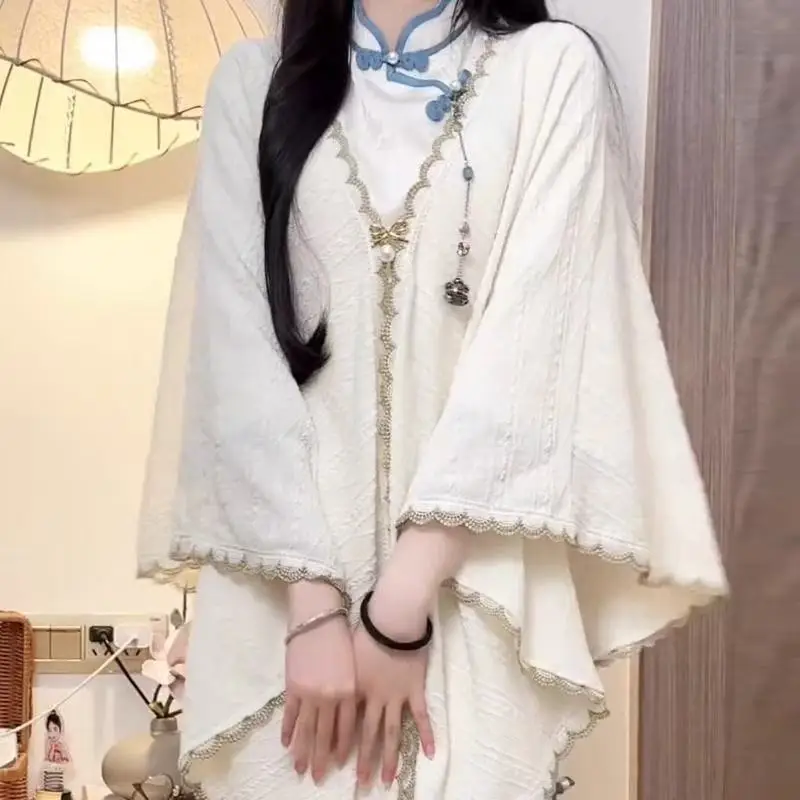 New Chinese Style White Shawl Women's Traditional Clothing Cheongsam Match Outer Robe Elegant Daily Street Cloak Female
