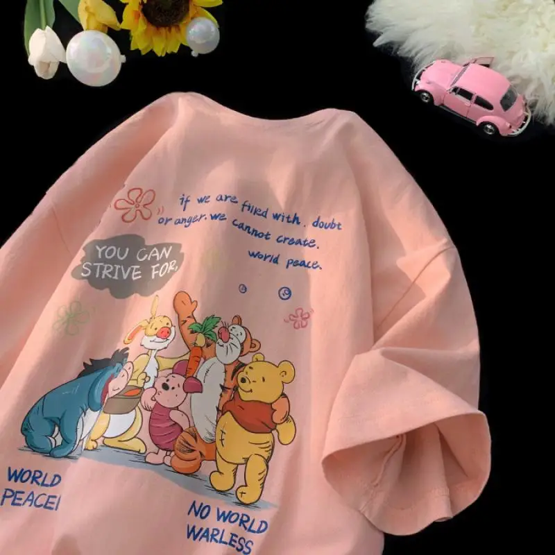 Kawaii Disney Pooh Bear Short-Sleeved T-Shirt 100% Cotton Summer Cartoon New Loose and Versatile Half-Sleeved Couple Style