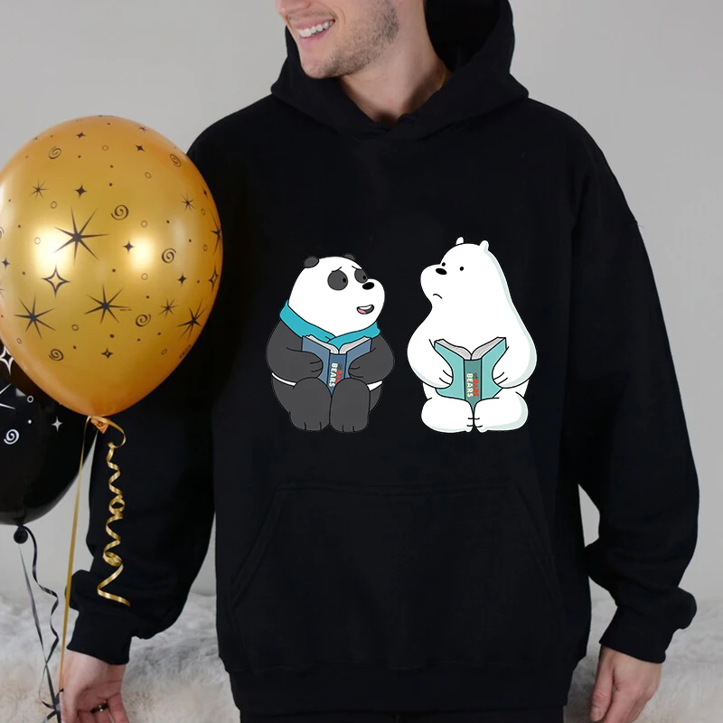 We Bare Bears Ice Bear and Panda bear Reading Time printed men's autumn and winter hoodie plus velvet sports sweater loose top