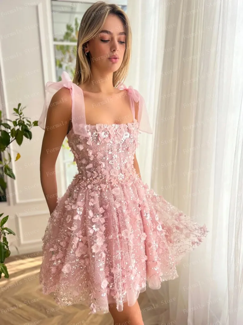 Tie Bow Floral Dress Mini Length See Through Sequins Party Dresses Custom Made 3D Applique Flowers Prom Dress Ever Pretty