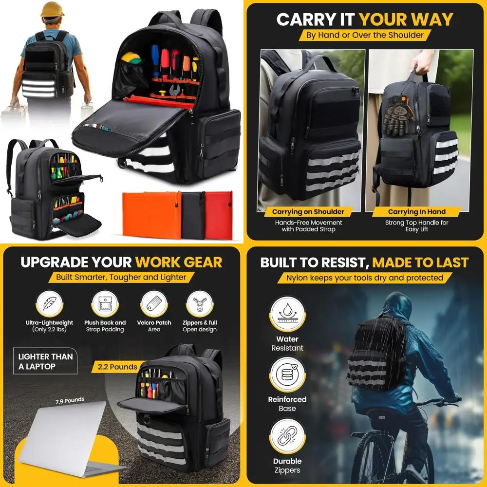 

Durable 3-Pocket Reflective Tool Bag with Padded Straps for HVAC, Electricians & Repairmen - Black