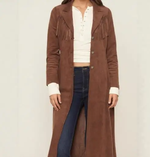 

Autumn New Style Lapel Imitation Deer Leather Tassel Long Windbreaker Jacket for Women, Trendy and Fashionable Coat Jacket