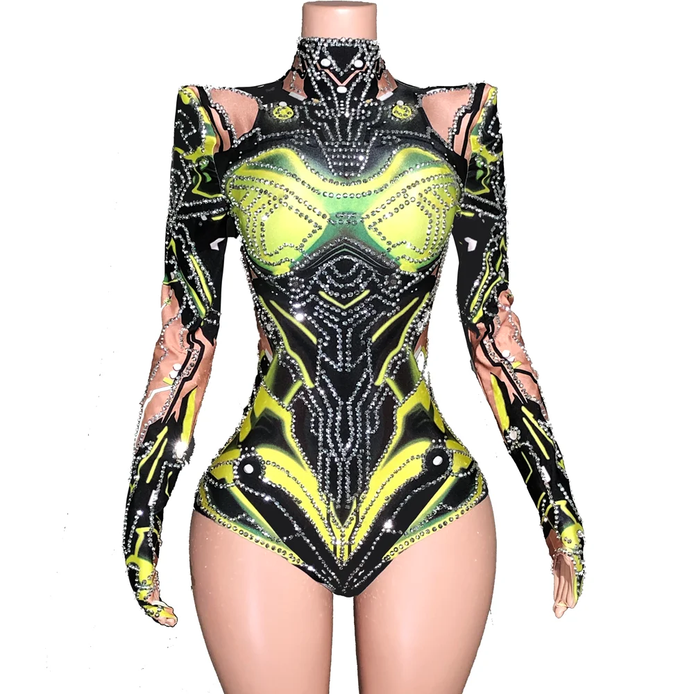 

Sparkly Rhinestones Long Sleeve Bodysuit for Women Sexy Performance Dance Costume Singer Dancer Show Stage Wear Nightclub Outfit