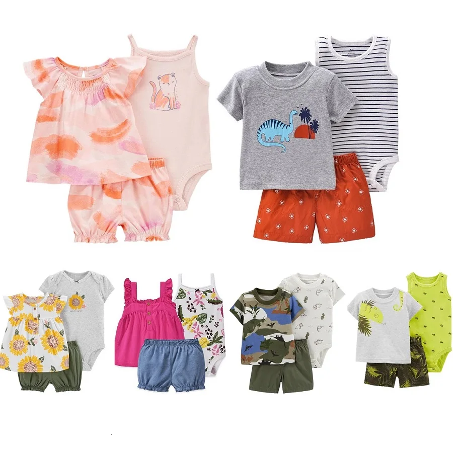 3 Pieces Newborn Infant Baby Girl Clothes Set 2024 Summer Cartoon Animal Bodysuit+Tops+Shorts Cotton Bebies Boy Outfits 0-24M