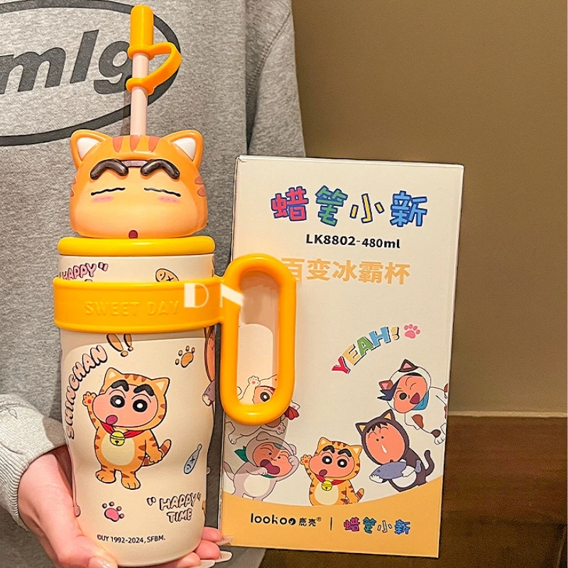 Crayon Shin-Chan Cartoon Large Handle Water Cup 316 Stainless Steel Vacuum Cup Cute Large Capacity Straw Cup Gift for Boys Girls