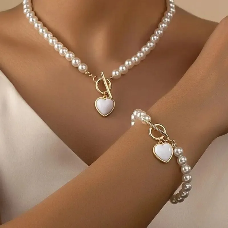 Pearl White Heart Necklace Bracelet Set Pendant For Women Charm Link Classical Jewelry 2024