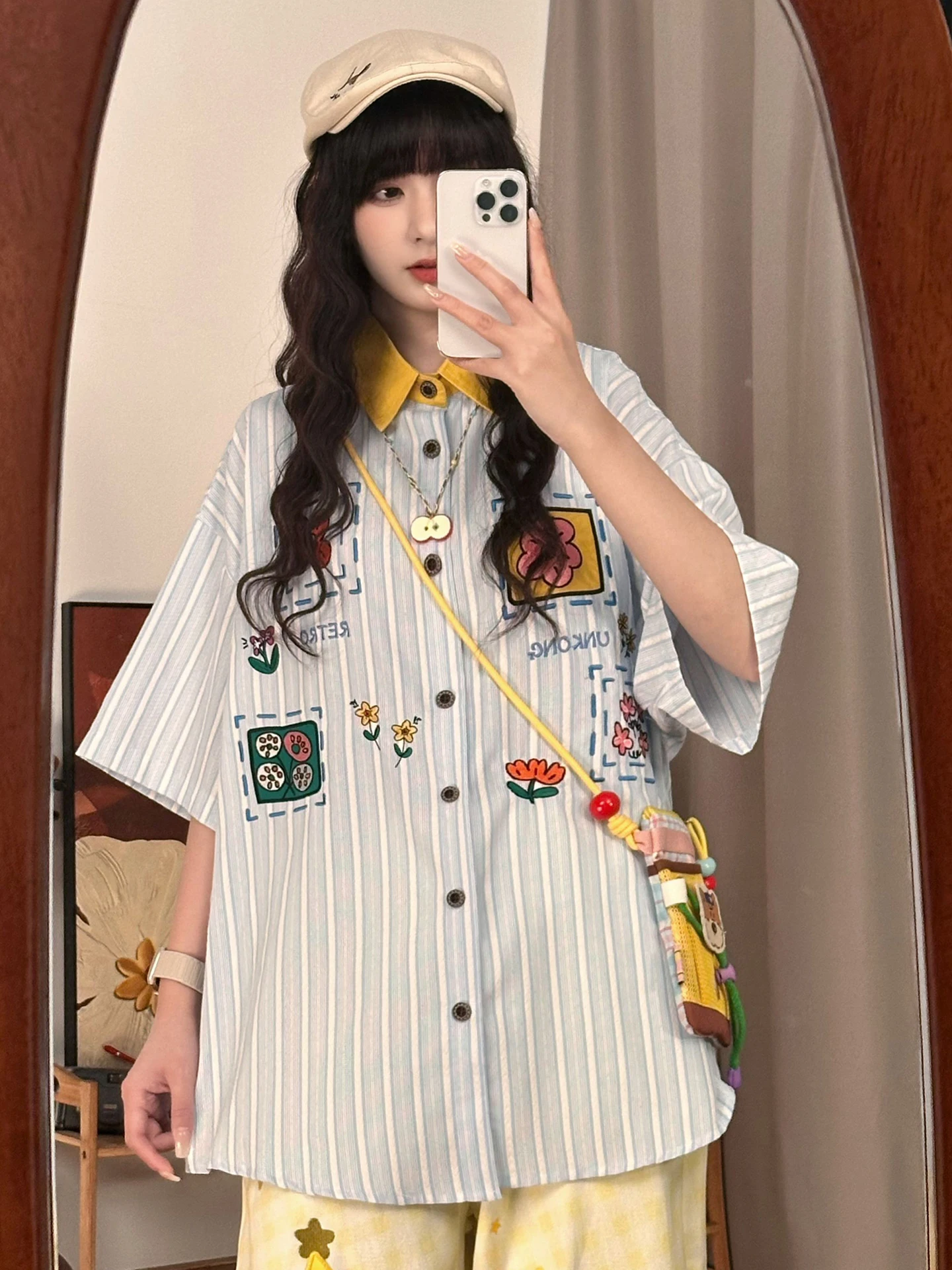 

Свободная женская повседневная полосатая рубашка с коротким рукавом в винтажном стиле преппи, уличная одежда из полиэстера, дышащая, удобная, летняя, модная