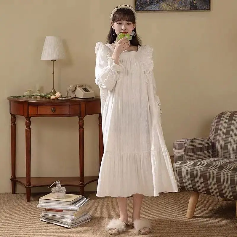 Lace Women Nightgown Korean Sleepwear Square Collar Nightwear Solid One Piece Pajamas Ruffles Autumn Sleeping Night Dress New