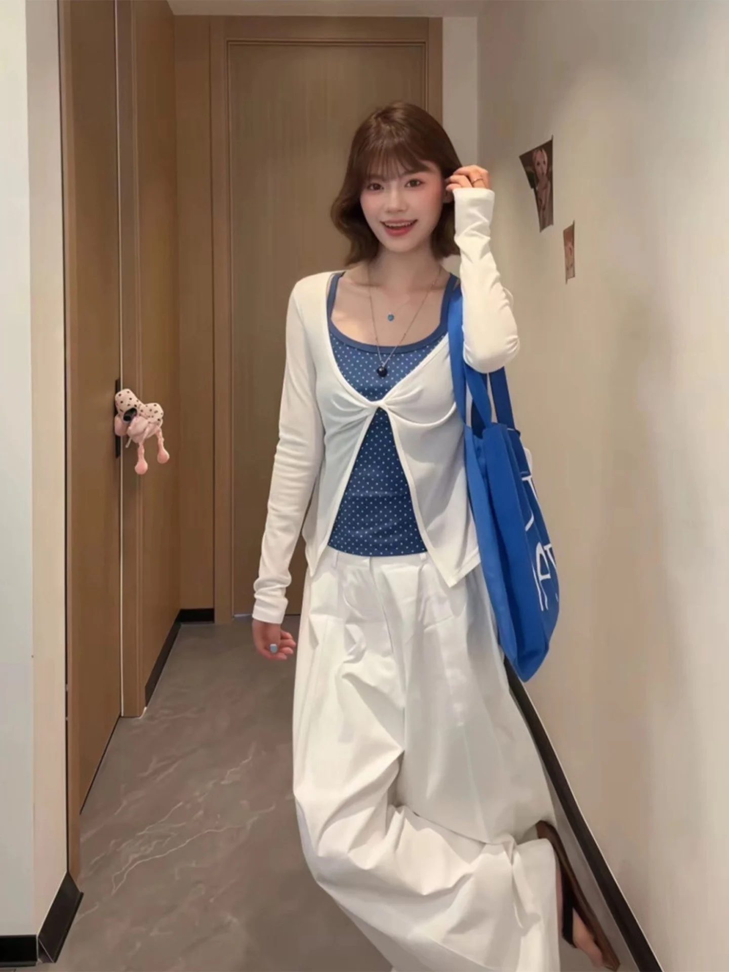 White Knotted Thin Long Sleeve Knitted Top Women's Blue Polka Dot Strap Cardigan Two Piece Set Casual Style High Waist