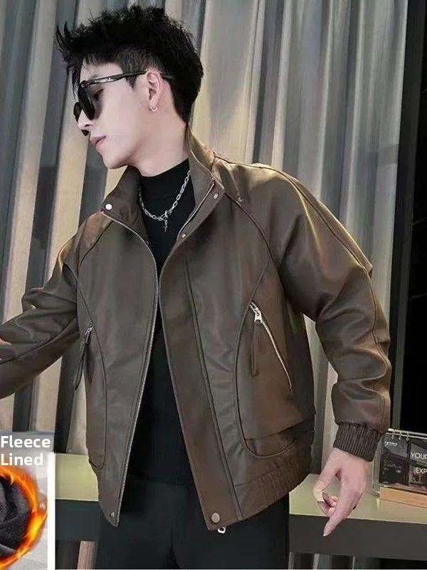 

Матовое байкерское повседневное кожаное мужское пальто из искусственной кожи на подкладке с воротником-стойкой, длинное свековое зимнее модное брендовое пальто Cleanfit Sle