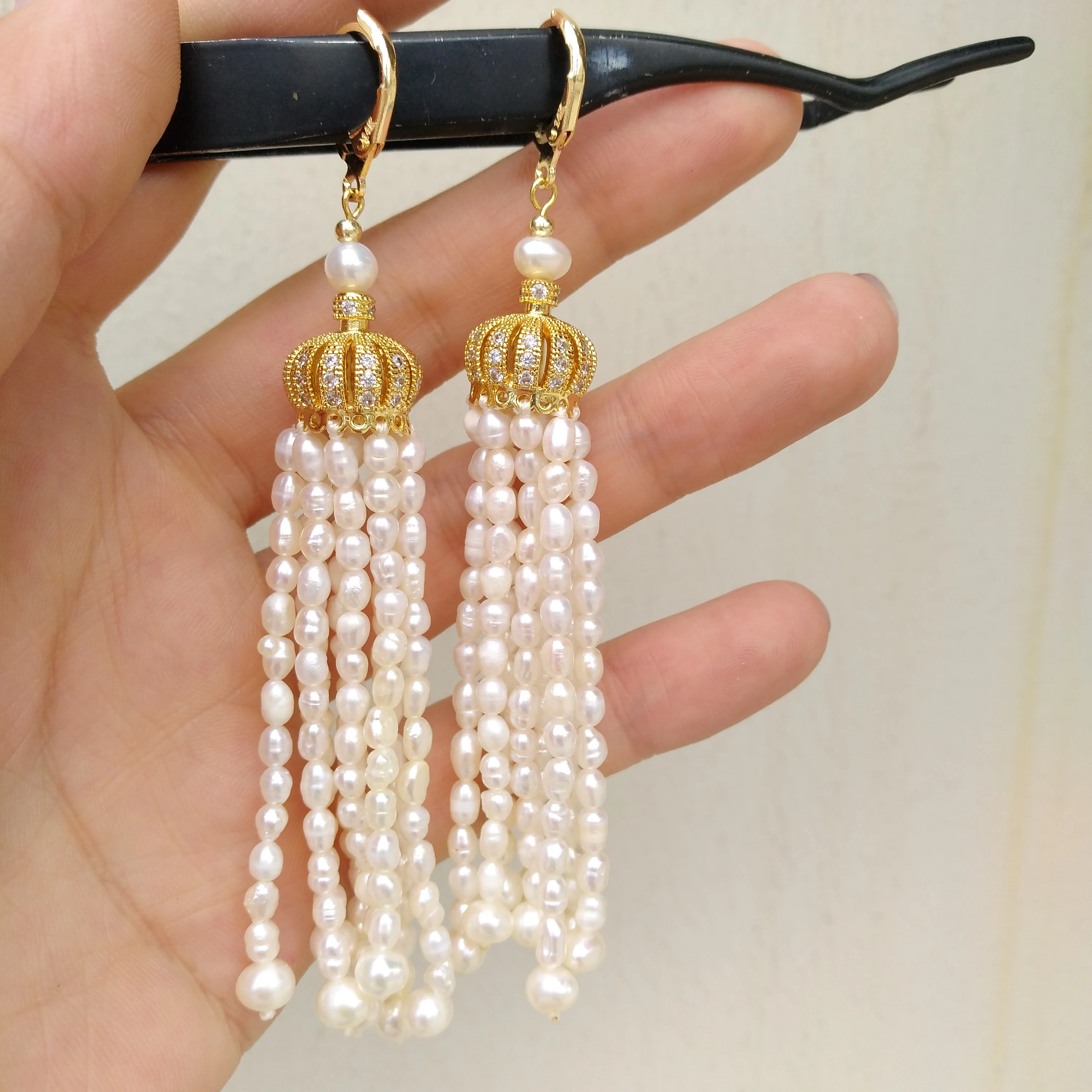 

New Style Tassel With Real Akoya Pearl Ladies Crown Long Lever Back Earrings At Wedding Fine Jewelry Filled 14k