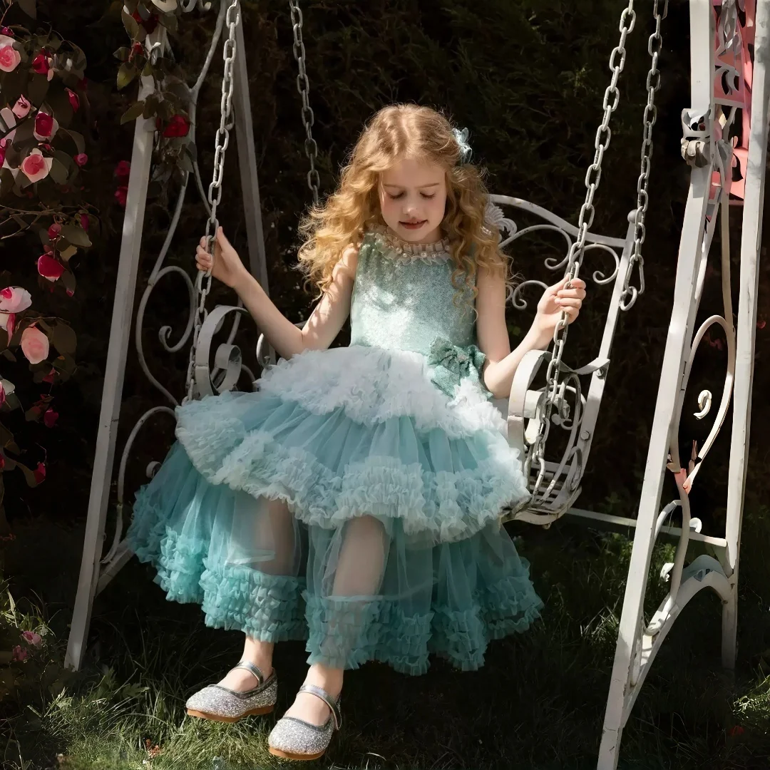 Abito da cerimonia a strati per bambina, personalizzato con pizzo, stile foresta, in tulle, da principessa, per damigella d'onore, abito da festa di matrimonio