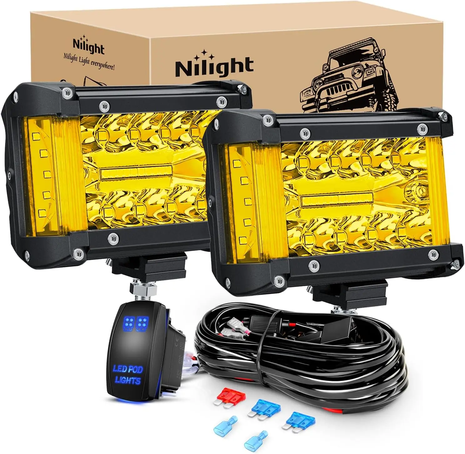 

4.3-Inch Triple Row LED Light Bar Spot Flood Combo Yellow Beam with Rocker Switch Harness for Truck SUV ATV UTV Off-Road