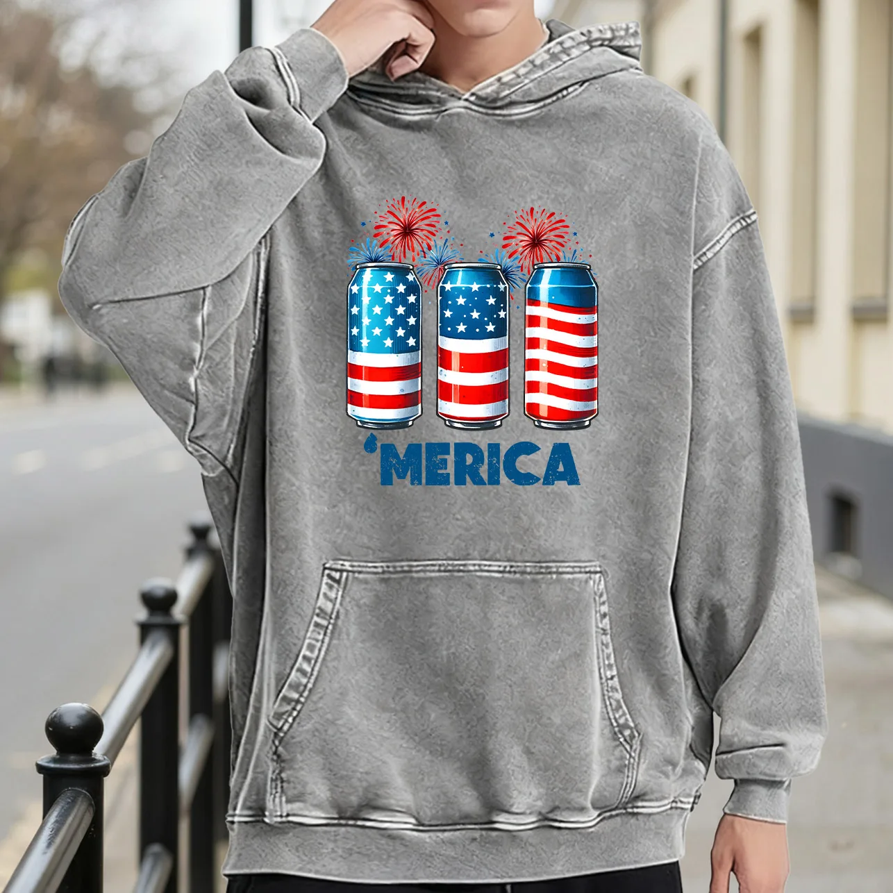 سترة بغطاء للرأس برسومات مغسولة كلاسيكية للرجال من Merica، بلوفر ريترو متعثر، سويت شيرت كاجوال ملابس الشارع