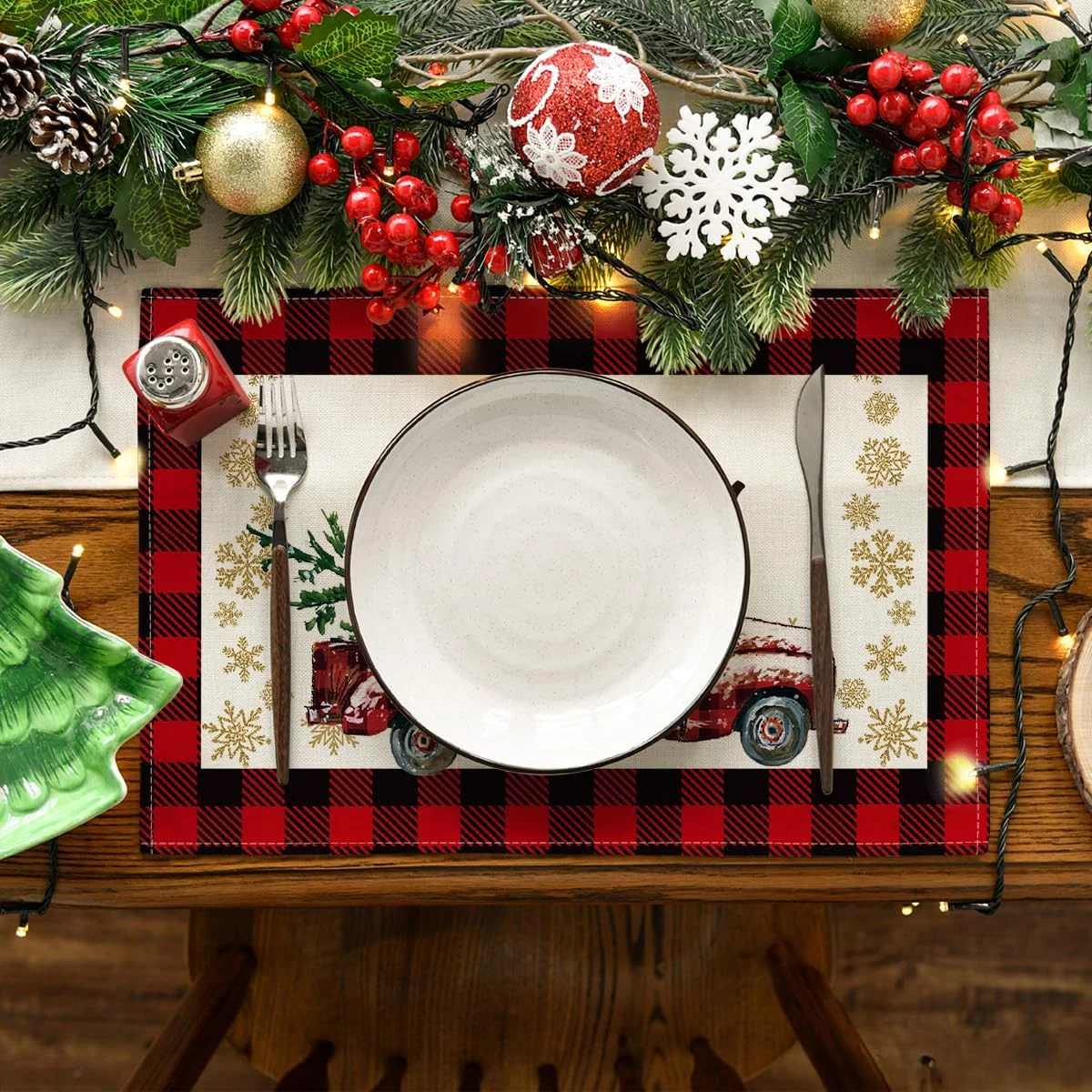 Red and Black Buffalo Plaid Truck Merry Christmas Placemats Set of 4 12x18 Inch Seasonal Winter Holiday Table Mats for Party