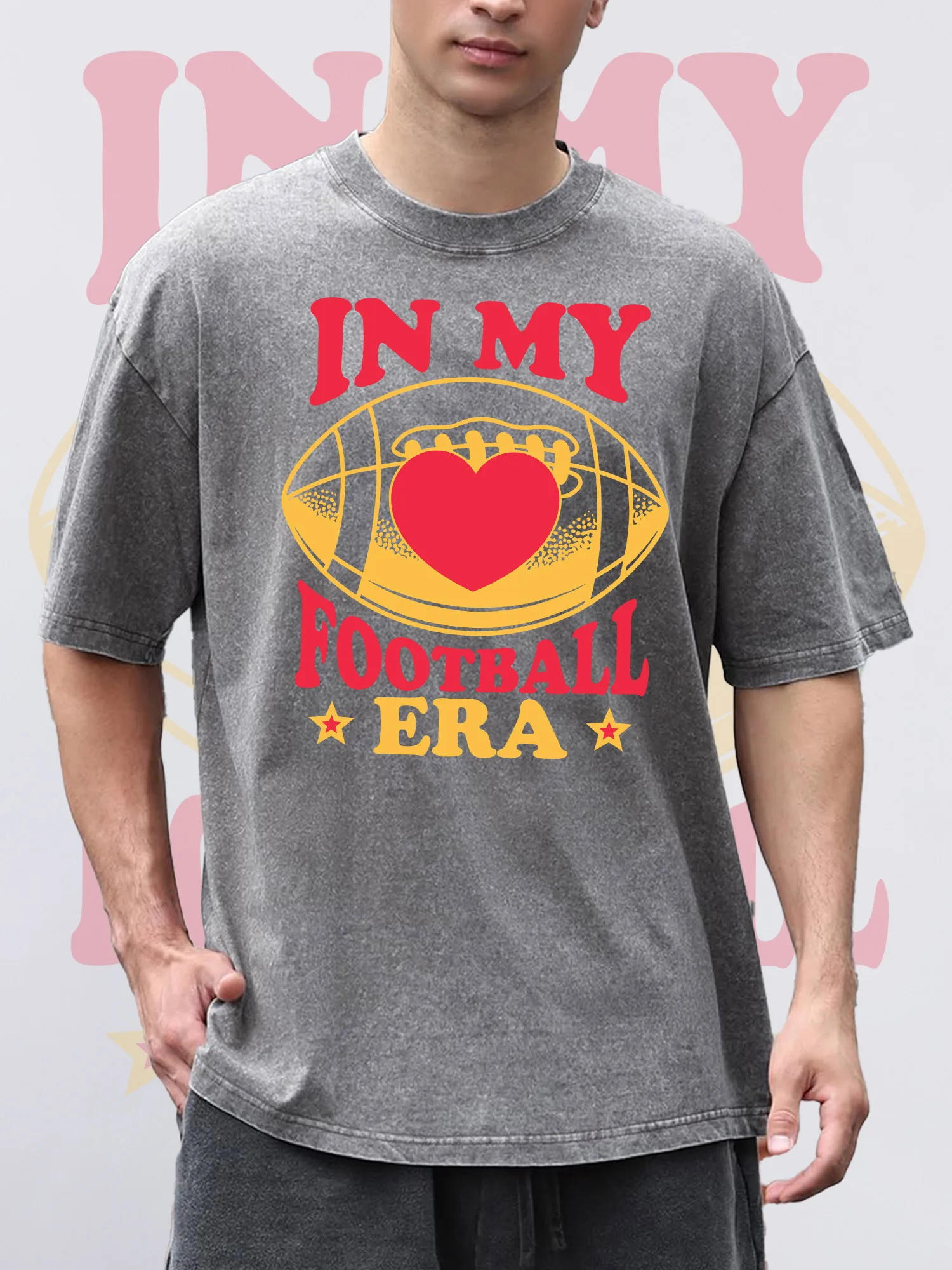 

Men's T-ShirtsIN MY FOOTBALL ERA Printed Grey Short-Sleeved Round Neck Loose Summer 100% Pure Cotton Acid Wash Thanksgiving
