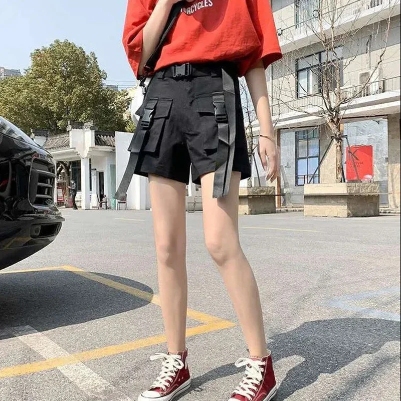 Goth Bandage Shorts Women Summer Punk Cargo Shorts Send Belt Student Loose Beach Sportwear Joggers Alt Emo Clothing Hip Hop