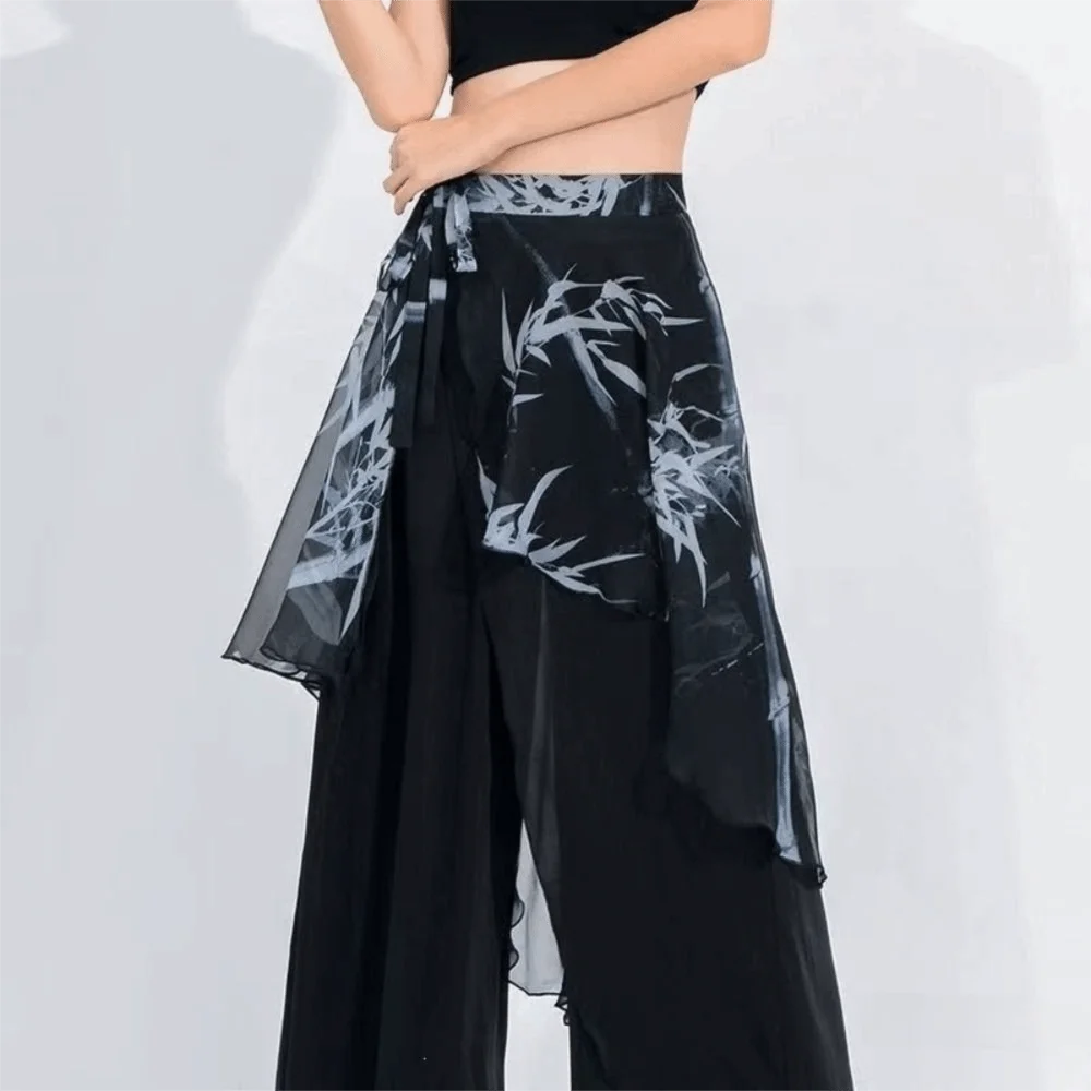 High Waist Chiffon Wrap Skirt Scarf Lightweight Irregular Side Slit Dance Wrap Tie Skirt Plant&Flowers Pattern See Through