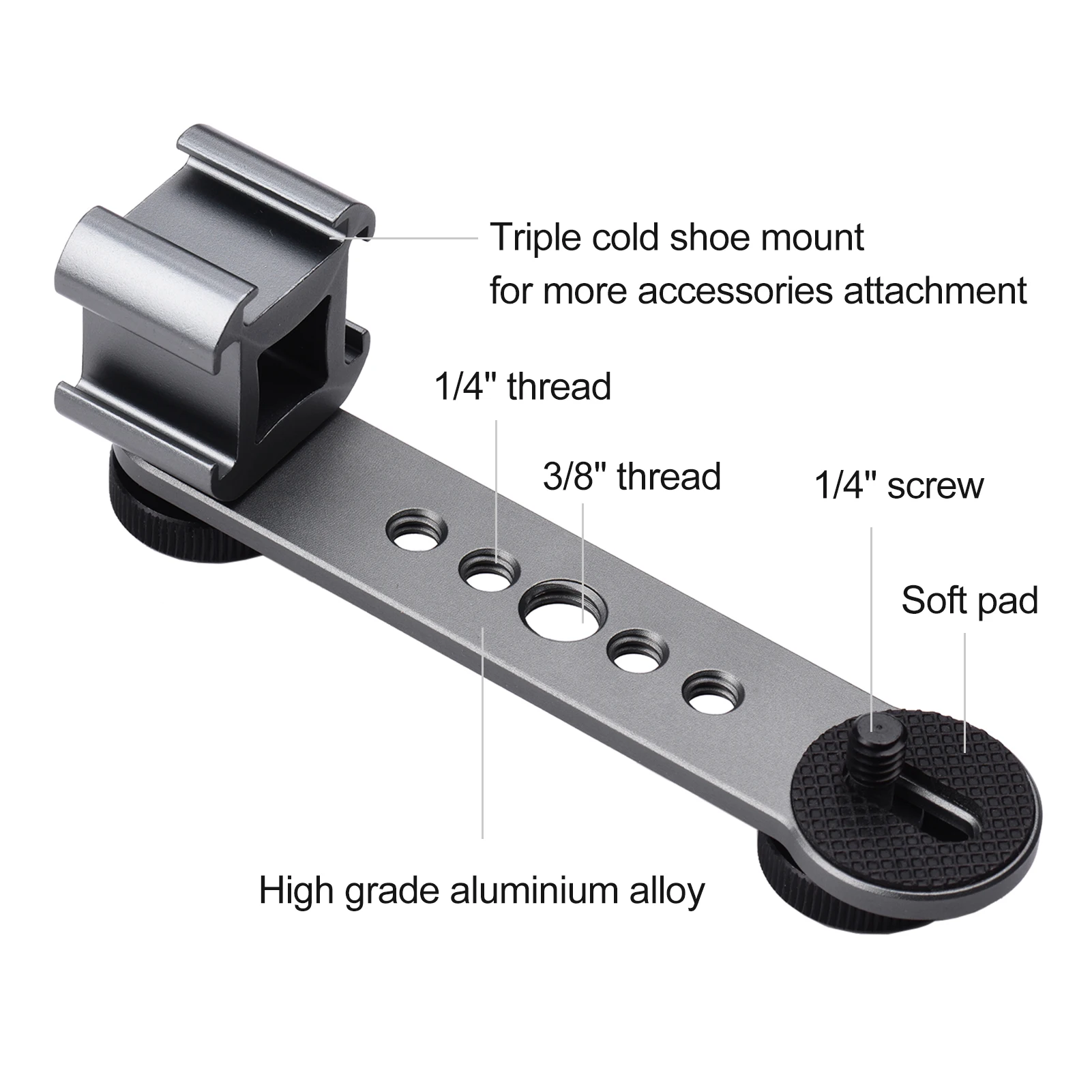 Triple Cold Shoe Mount Bracket Extension Bar with 1/4 Inch 3/8 Inch Thread for Gimbal Stabilizer Tripod Camera Flash Light