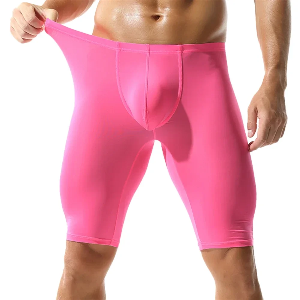 

Мужские однотонные узкие длинные плавки для сна, домашние шорты для отдыха, дышащие повседневные мужские спортивные шорты из ледяного шелка для фитнеса