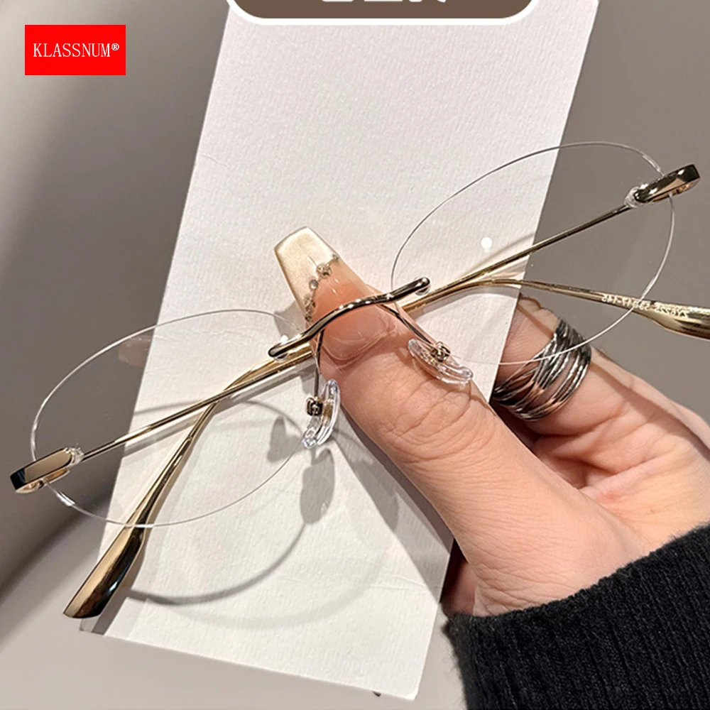 KLASSNUM Women 2026 Anti Blue Light Eyewear Rimless Oval Transparent Glasses Alloy Frame Transparent Lenses Decorative Eyepiece
