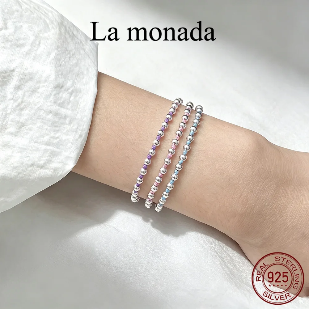 925 Sterling Silver Bead Bracelet for Women Multicolor Braided Rope Adjustable Handmade String Bracelet Stackable Daily Jewelry