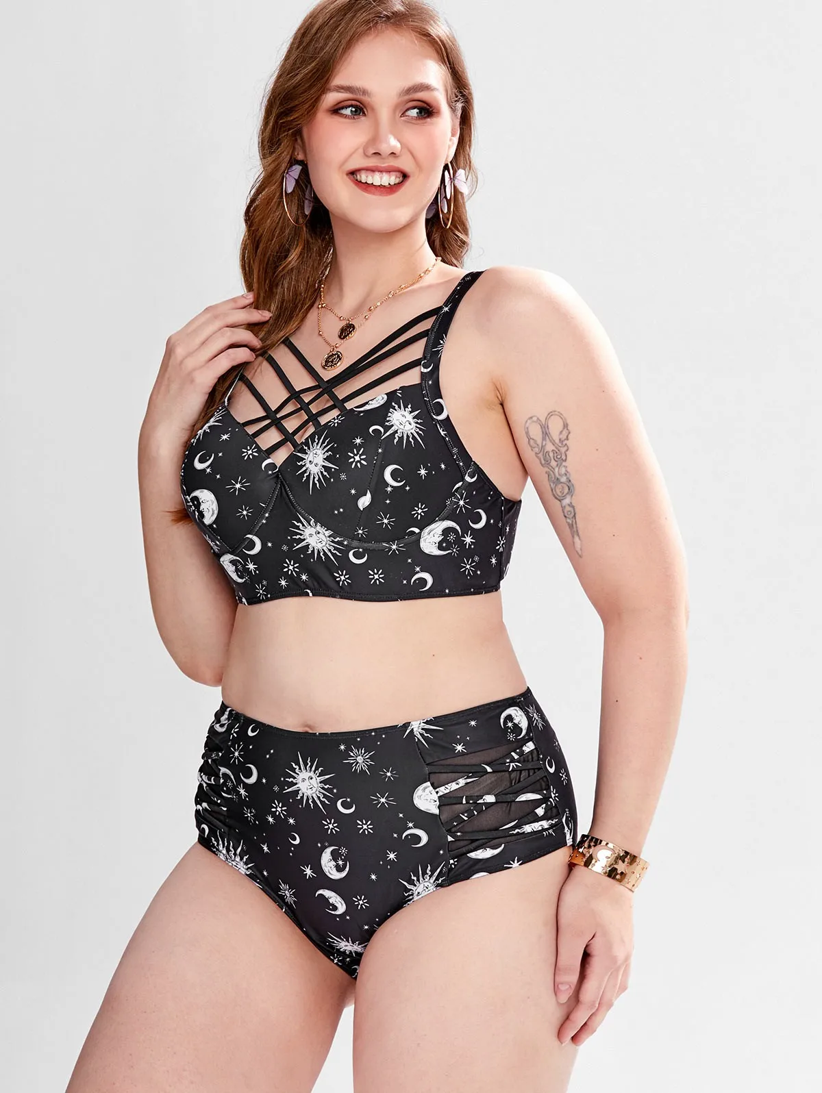 ROSEGAL プラスサイズ レディース アンダーワイヤー クロス サンムーン プリント ハイウエスト タンキニ 水着