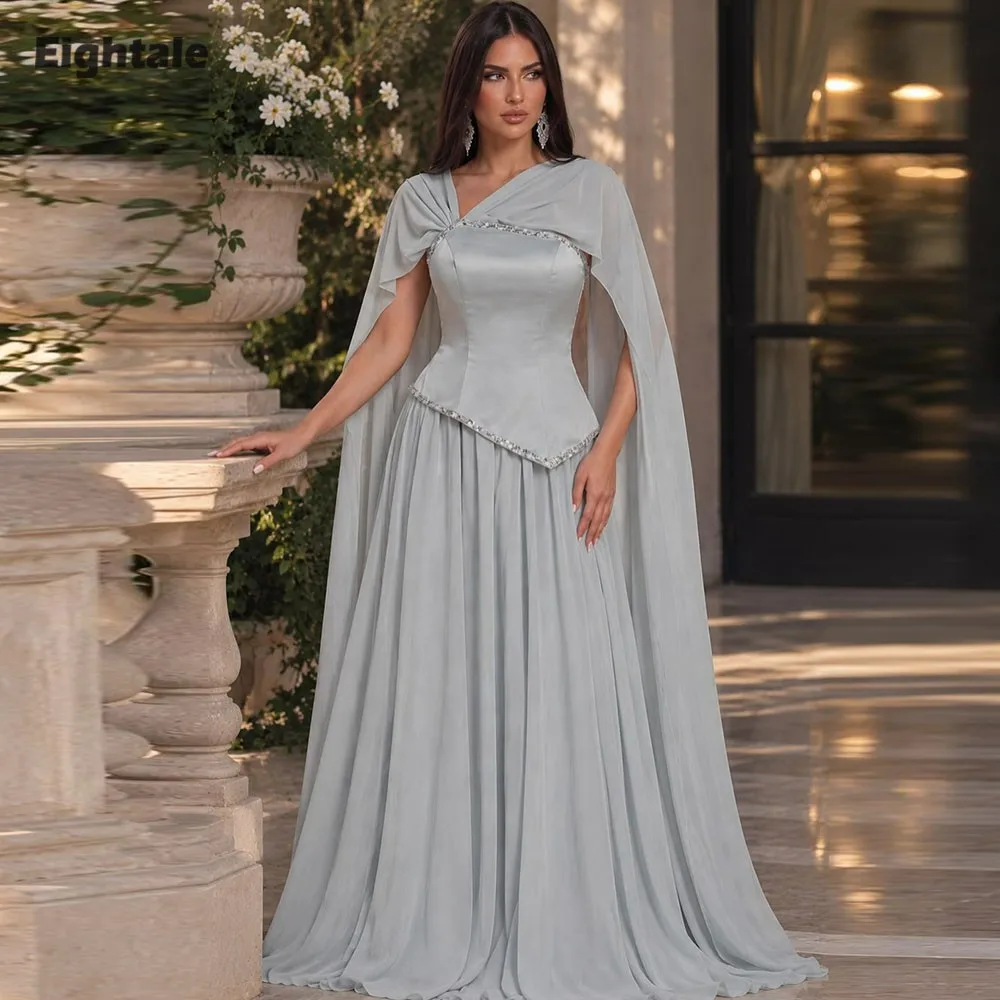 Eightale Arabic Evening Dresses for Wedding Party Cape Beaded A-Line Chiffon Muslim Customized Corset Prom Gown