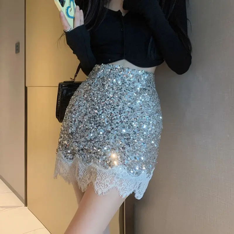 

Women's 2024 Spring/Summer Sexy Sequin Patchwork Lace A-Line Short Skirt