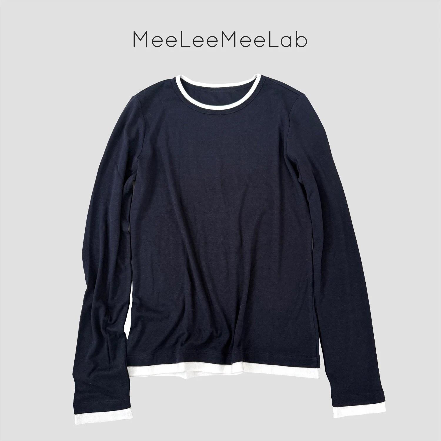 

Ele Gentleman's Wool Lyocell round Ne Overlap Color Blo Sweater Soft Fine Gauge Knit Casual Chic Women's Faion