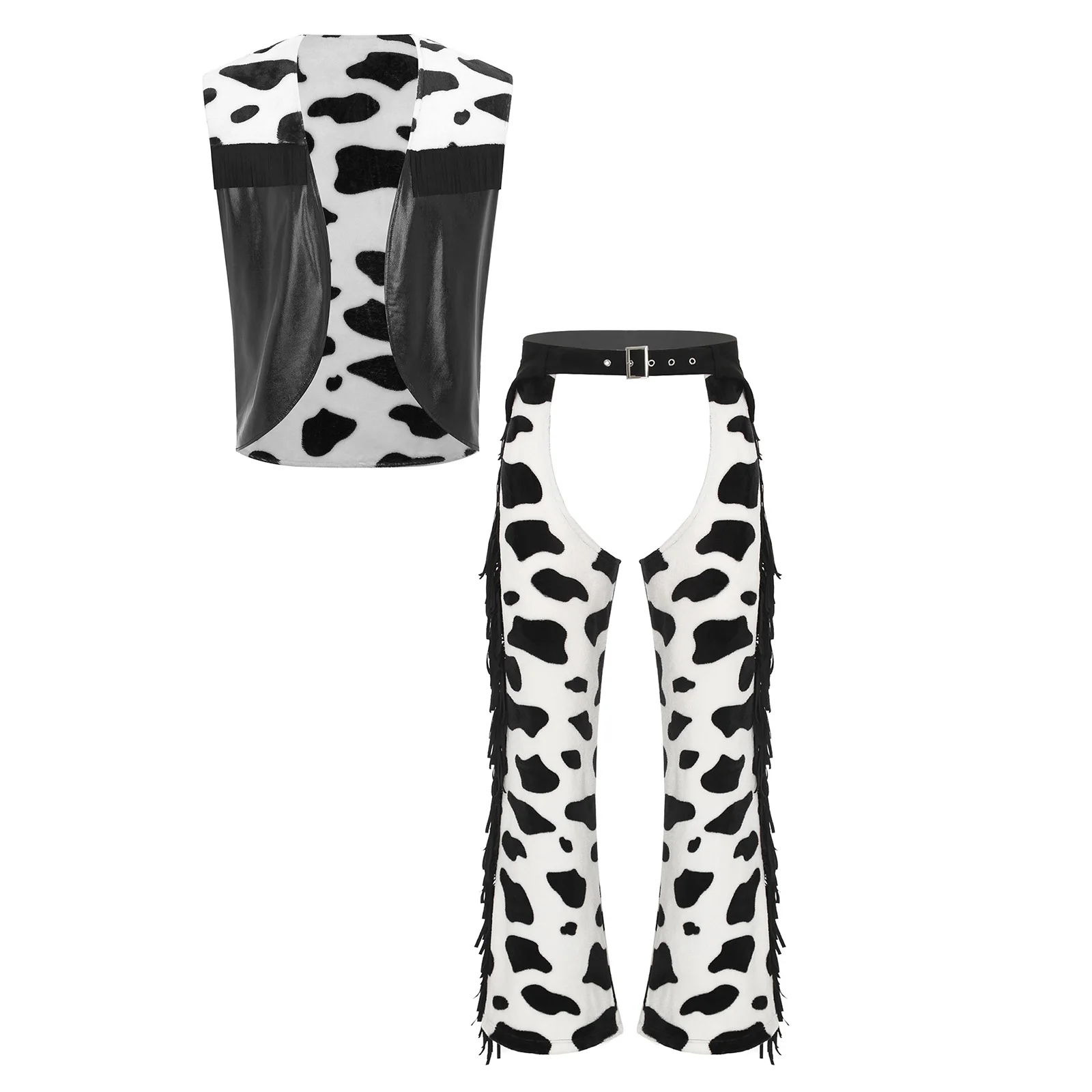 

Mens Halloween Western Cowboy Cosplay Costume Cow Spot Pattern Flannel Cowboy Vest and Hollow Out Crotch Pants for Theme Party