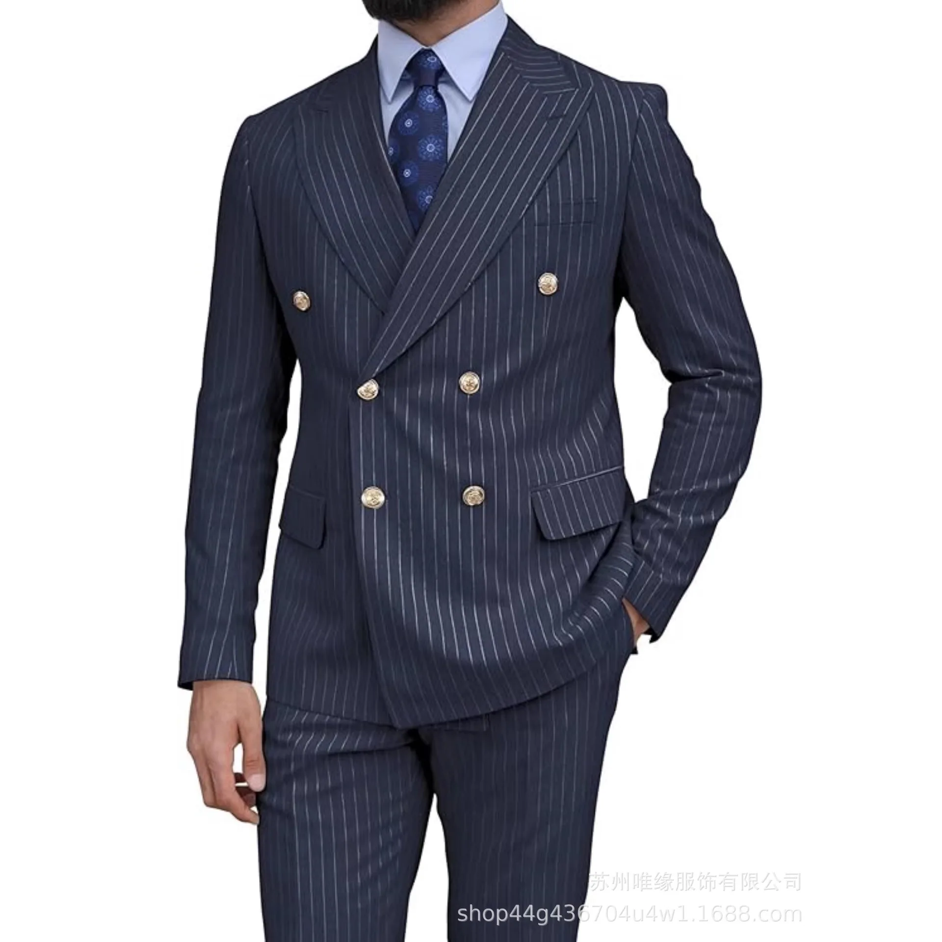 

Elegant Pinstripe Suit for Men 3 Piece Blazer Vest and Pant Set Peak Lapel High Quality Customized Men Suit for Wedding Business