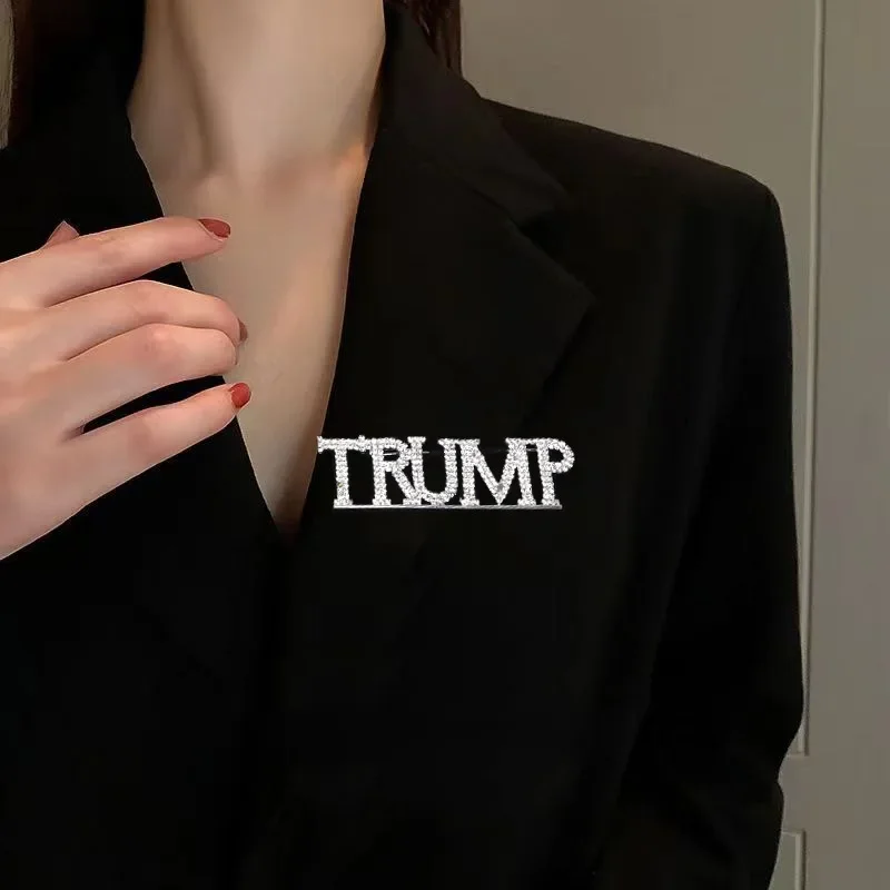 2024 Fashionable Single-layer Personalized Trump Letter Rhinestone Brooch Party Chest Pin for Fans Support Gift