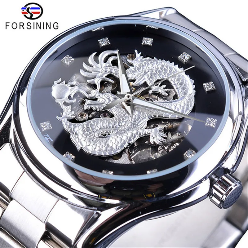 Fashion Forsinining Top Brand Men\'s Casual Steel Dragon Personality Design Hollow Waterproof Automatic Mechanical Wrist Watches