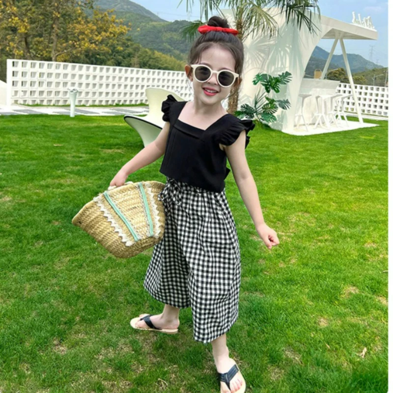 2026 Summer Baby Girls' Clothing Sets Casual vacation style Camisole Top + Plaid Wide-Leg Pants Fashion Baby Kids Clothes Suit