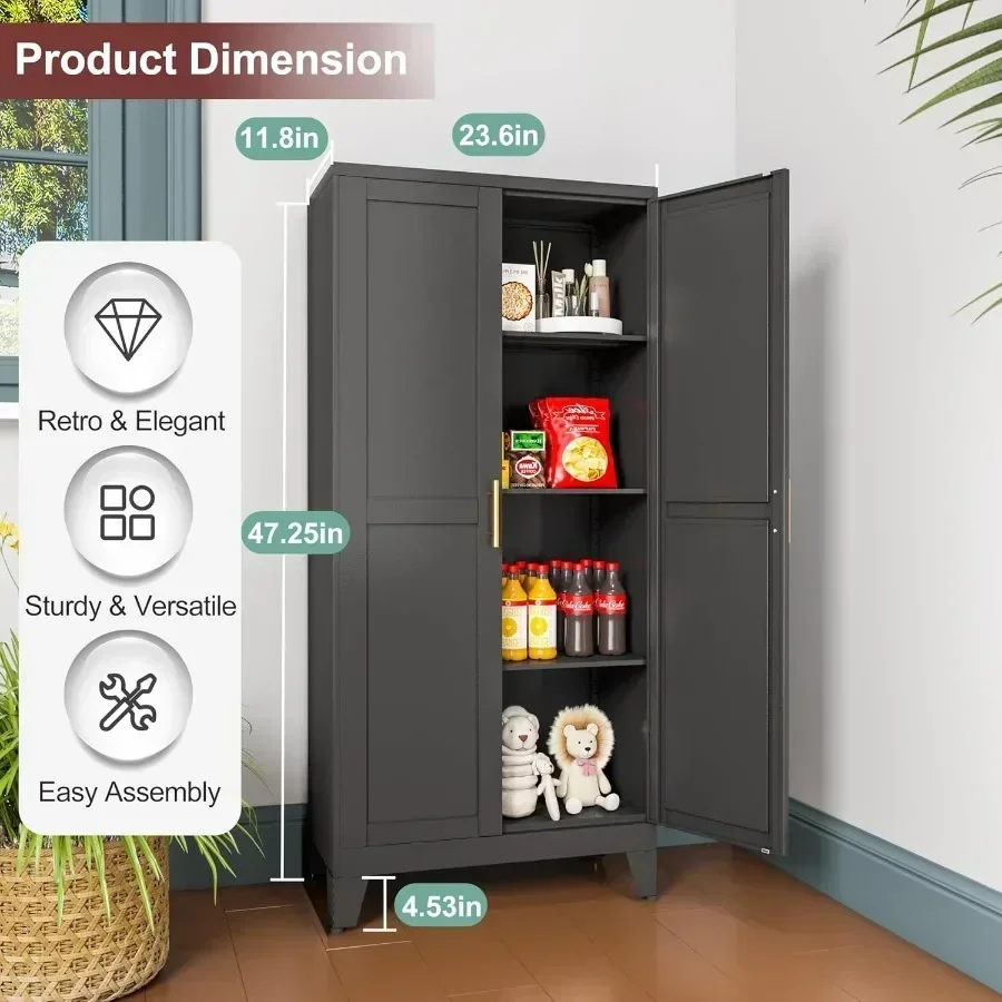 Metal Pantry Cabinet with 2 Doors and Adjustable Shelves, Kitchen Storage cabinets with Gold Handles, Versatile Storage for Lau