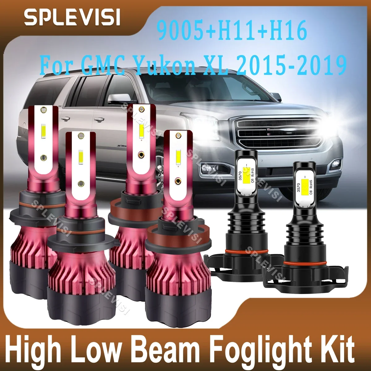 Combo 2x 9005 High Beam 2x H11 Low Beam + 2x H16 Foglight 6000K Whtie For GMC Yukon XL 2015 2016 2017 2018 2019 LED Headlight