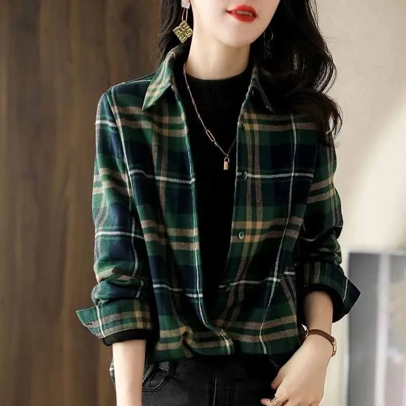 Spring Autumn New Women Frosted Plaid Cotton Blouse Jacket Female Loose Fitting Versatile Casual Long Sleeved Shirts Outerwear