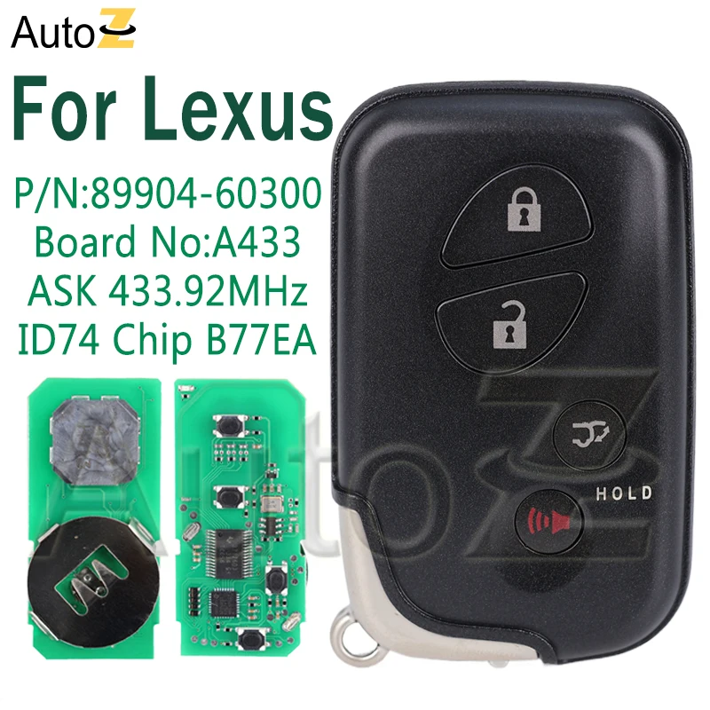 Smart Car Key A433 ASK for Lexus RX270 RX300 RX350 LX570 FCCID:B77EA 433.92MHz 4 Buttons Auto Remote Key shell with ID74 Chip