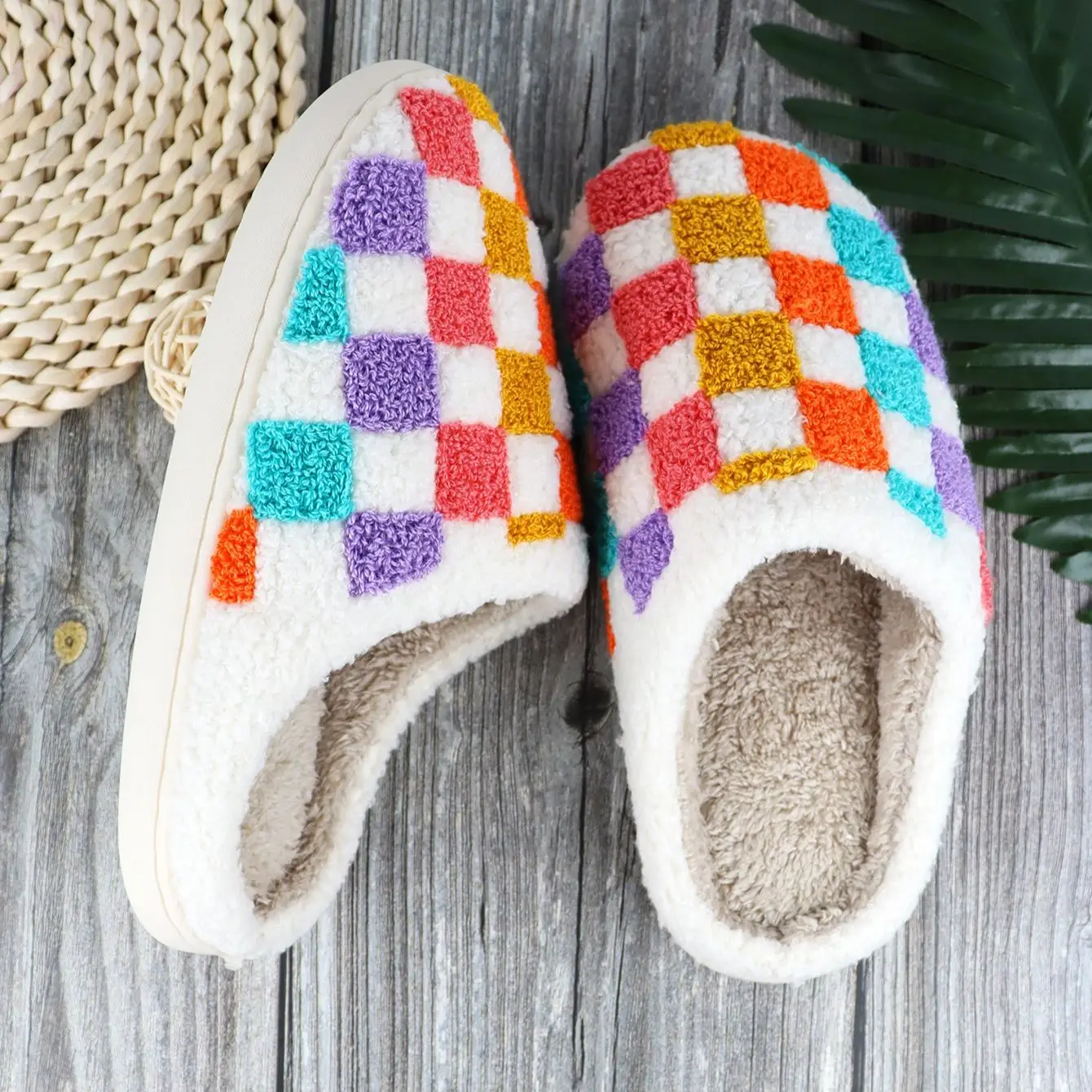 Checkered Slippers Home Women Plush Footwear Newest Designer Winter Warm Slides Casual Indoor House Fulffy Fur Slides Shoes