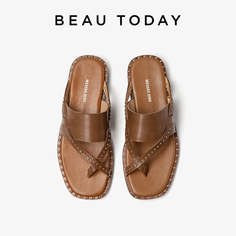 

BEAUTODAY Filp Flops Women Calfskin Leather Silppers Revrt Design Romen Style Outdoor Summer Ladies Flat Shoes A36341