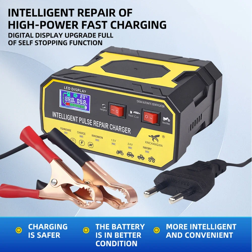 

12V/24V Universal Smart Battery Charger - Automatic Repair & Maintenance for Car/Motorcycle Batteries