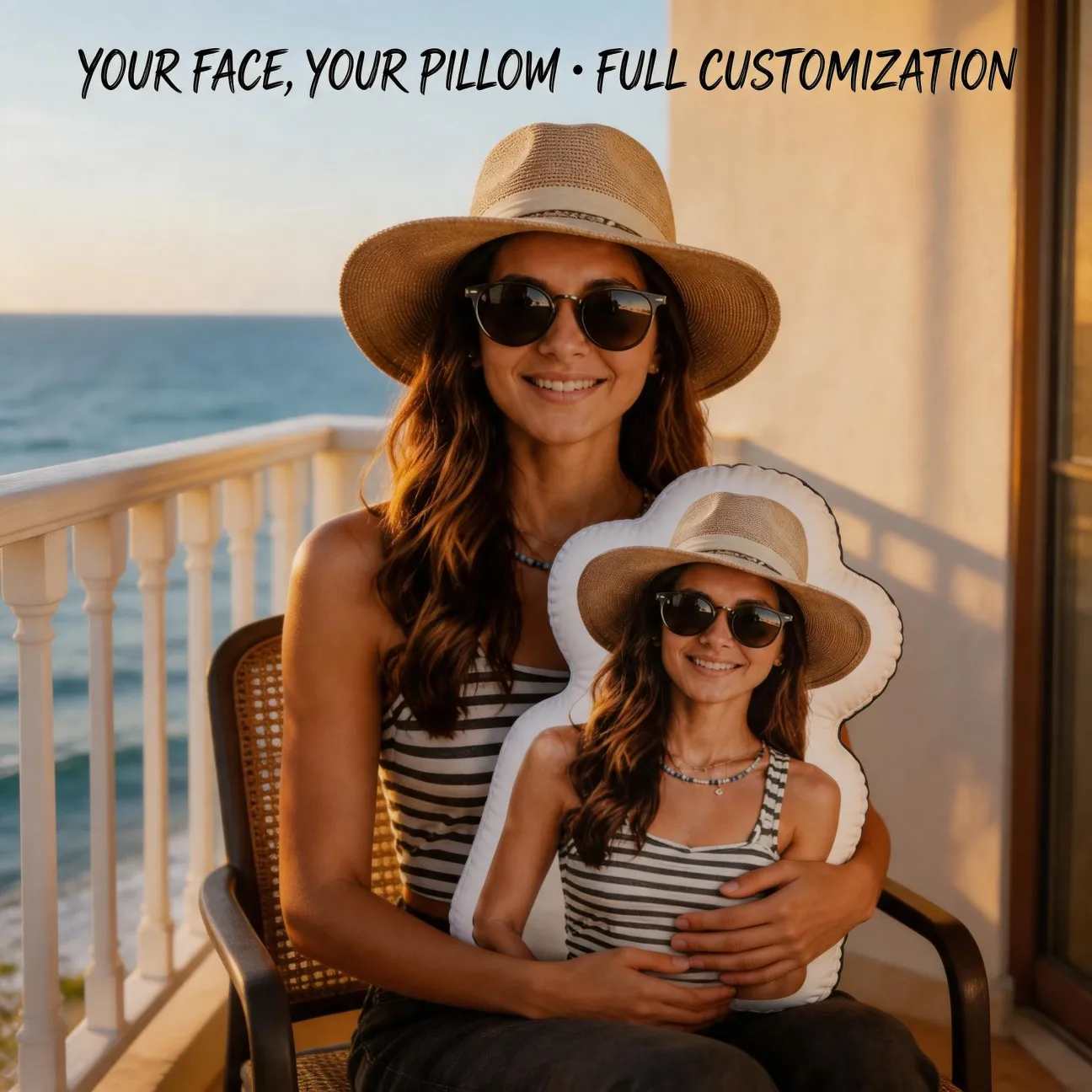 Custom Personalized Photo Shaped Pillow, Smiling Woman in Straw Hat And Sunglasses Custom Face Decorative Cushion, Unique Home D