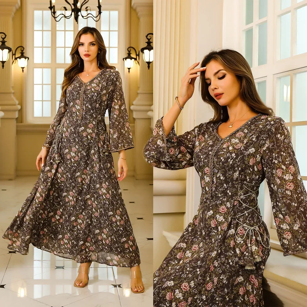 Vintage Small Floral Print Dress Muslim Abaya Adjustable Side Waist Rope Jalabiya Women Diamonds V-neck Long Robe Kaftan Gown